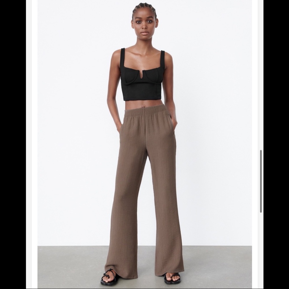 ZARA Textured Straight Leg Pants Brown Taupe